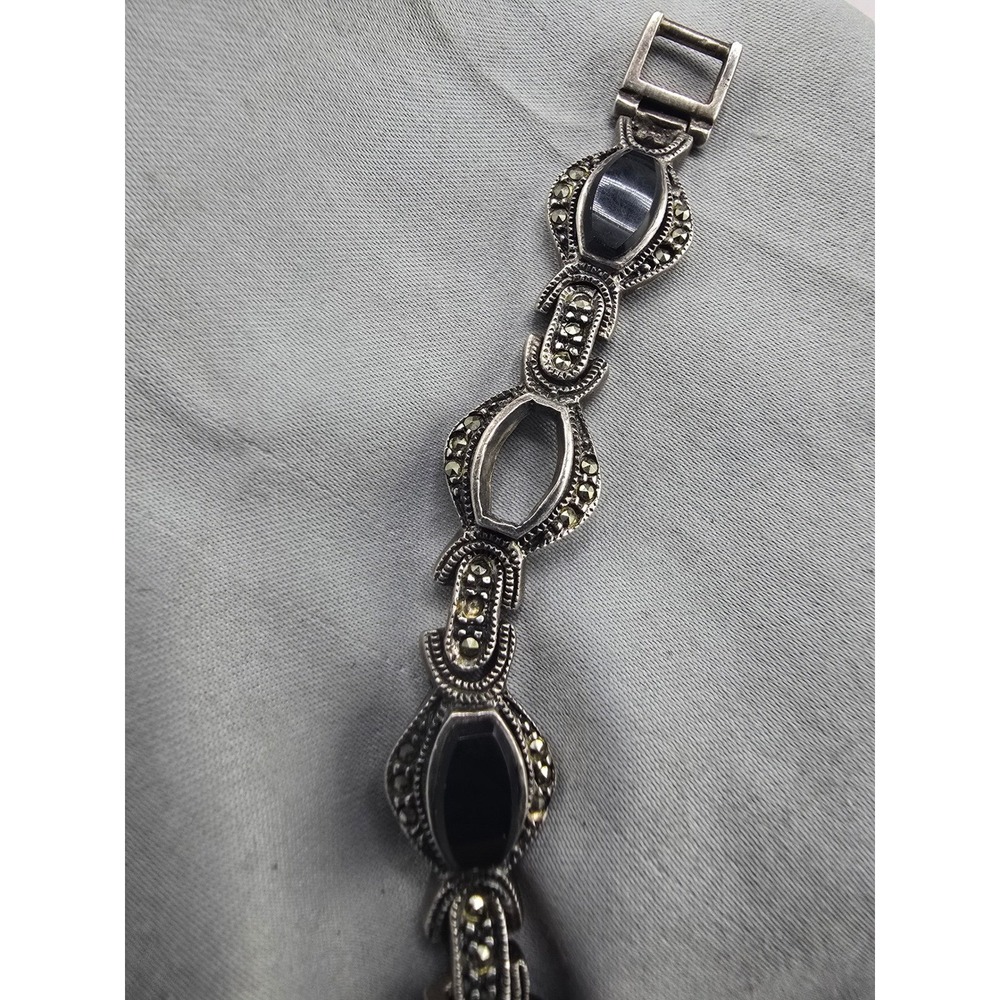 Vintage Estate Link Bracelet Sterling Silver Black Marcasite READ 7.5in - Picture 7 of 15